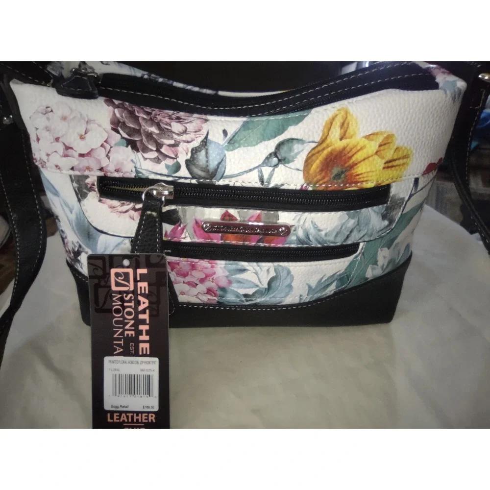 Stone Mountain Leather Floral Print‎ Shoulder Bag Women Black Zip Multi Pockets